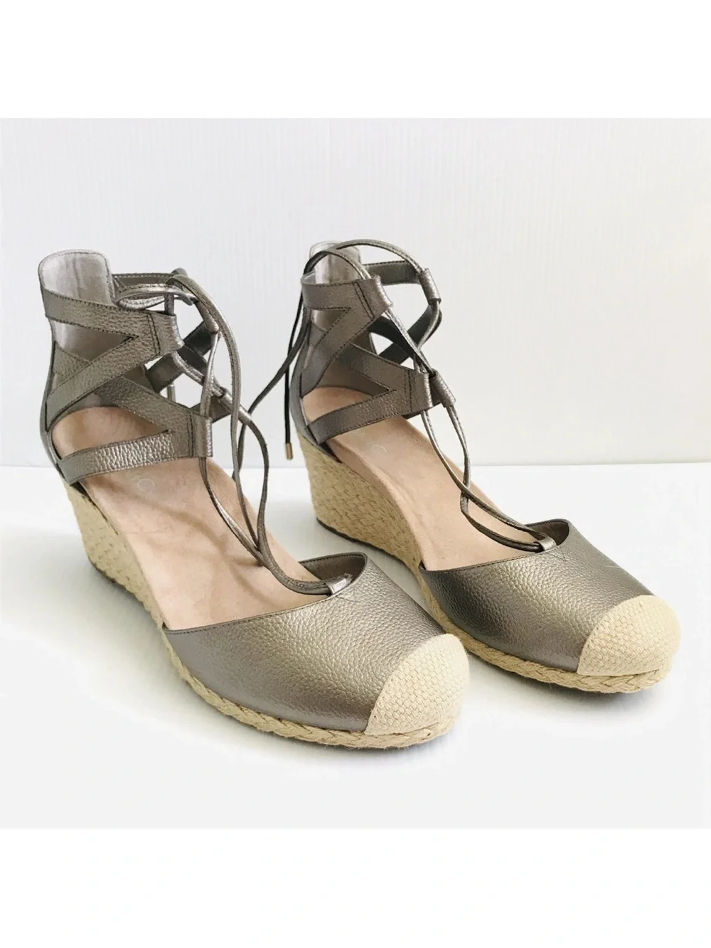 Vionic Metallic Silver Aruba Calypso Espadrille Sandals Jute Wedge Shoes Sz 10